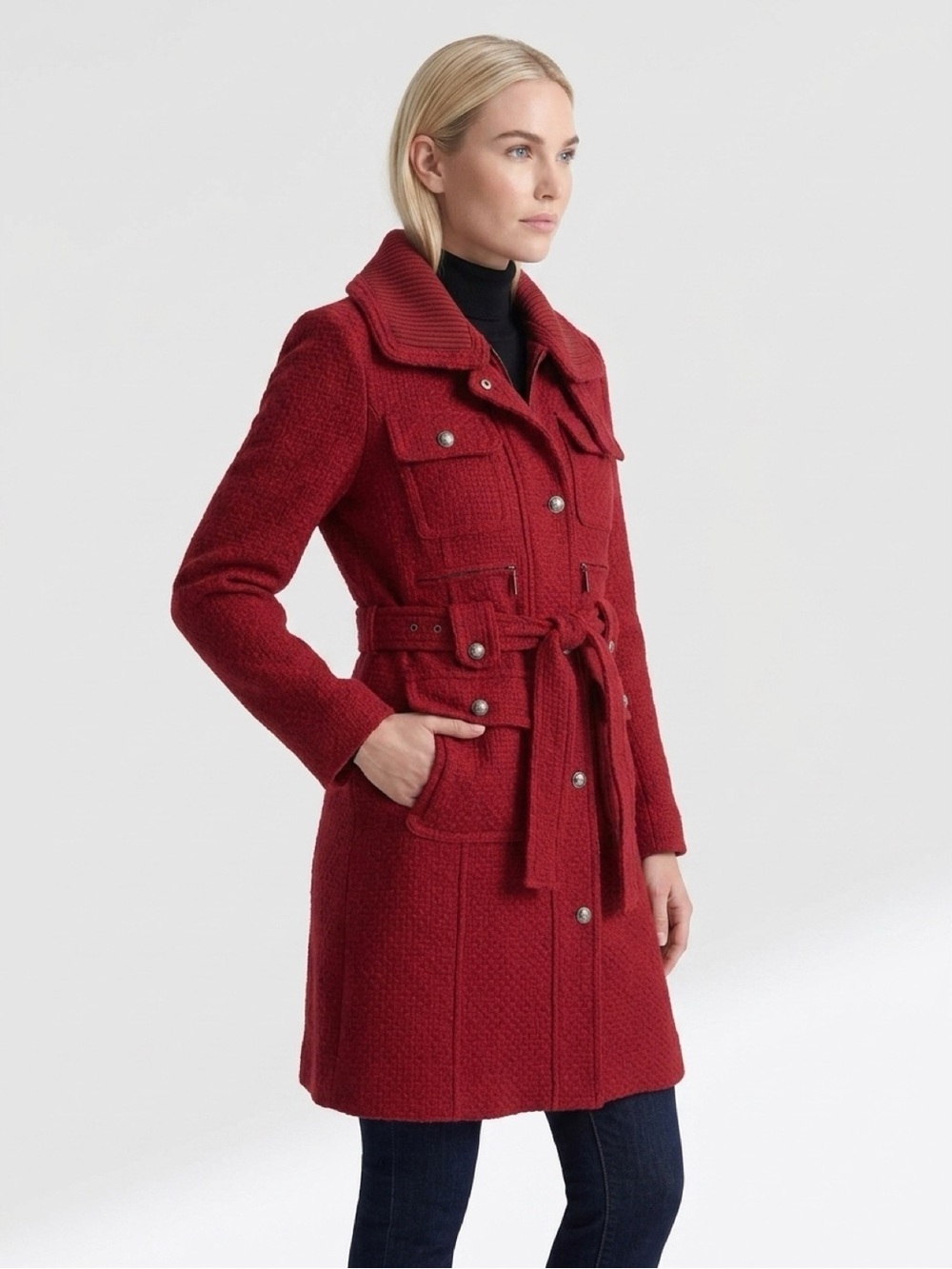 Laundry by Shelli Segal Long Coat size 4 Red Oxblood Zip Wool Blend Winter